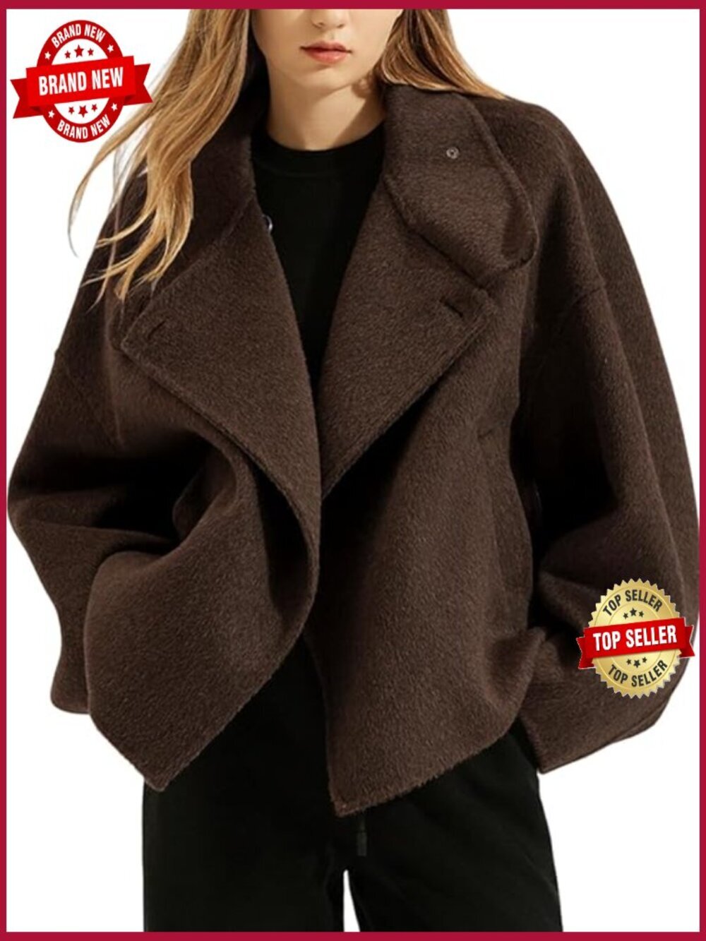 Cropped Wool Blend Pea Coat Oversized Short Jacket Notched Lapel Pockets
